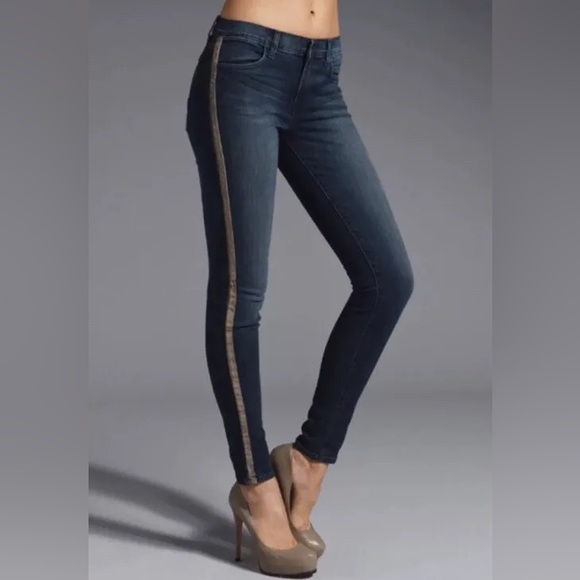 J Brand Kacie Mid Rise Tuxedo Stripe Leather Side Stripe Skinny Jeans | 27 - Picture 4 of 9